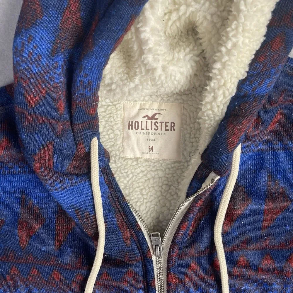 Vintage Hollister Full Zip Hooded Sherpa Sweatshirt Men Medium Aztec‎ 90s Y2K